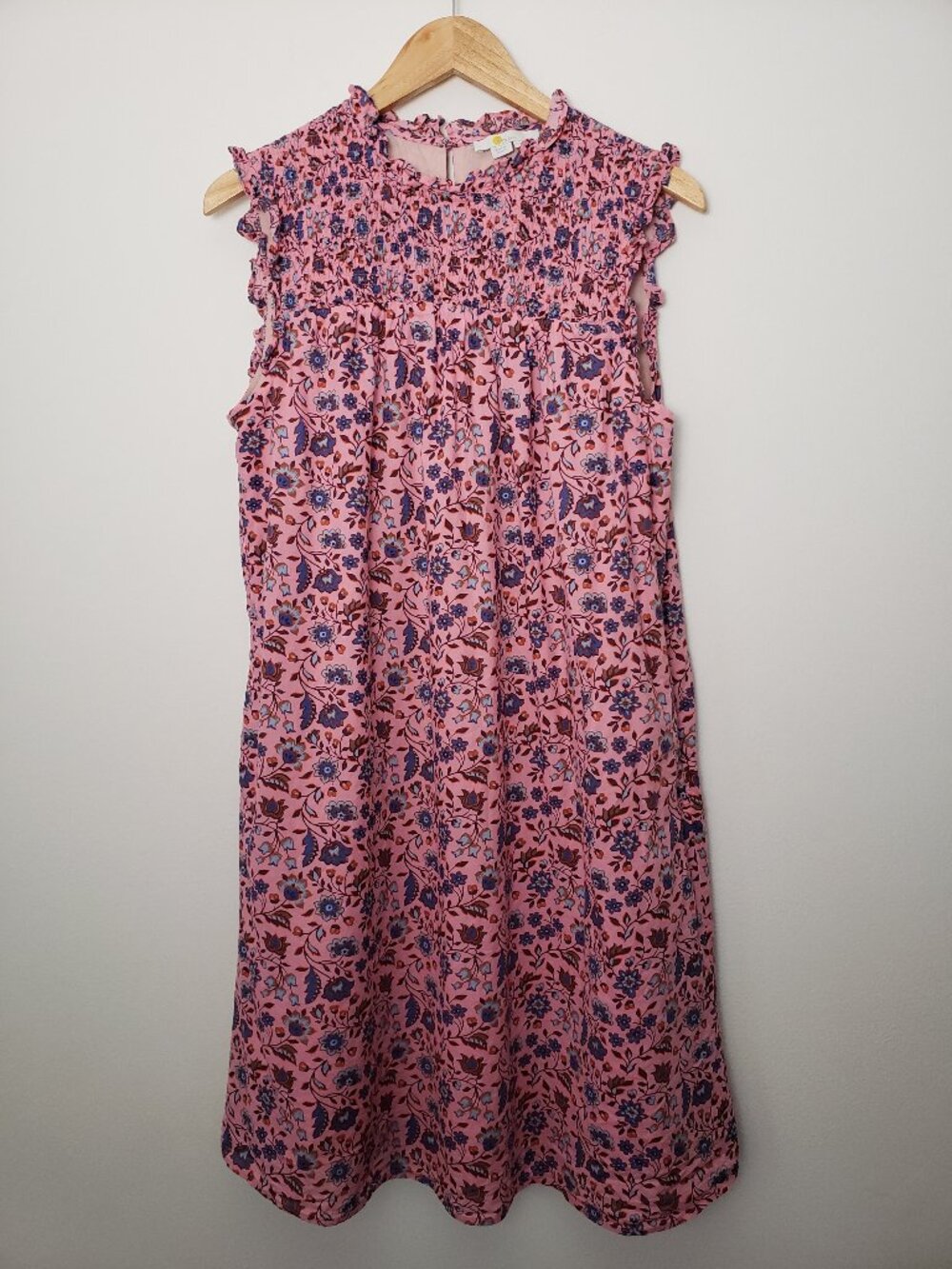 Boden Pink Floral Smocked Mini Dress Size 10L 100% Cotton